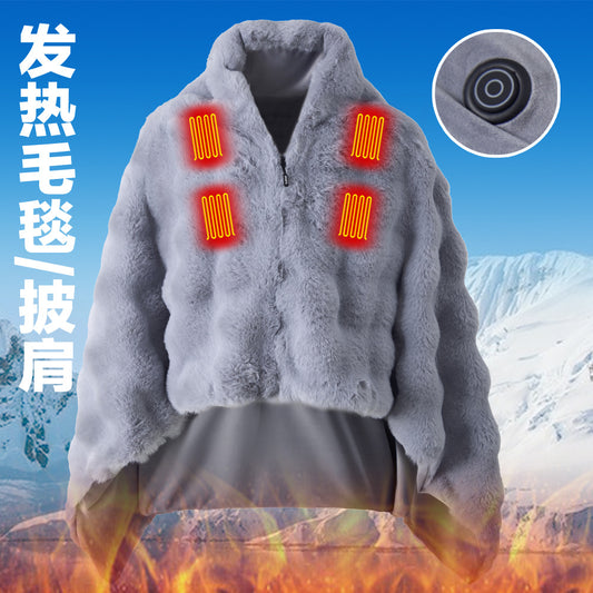 Smart heated blanket/shawl, wearable winter home blanket, faux rabbit fur warm cover, sofa blanket, electric blanket